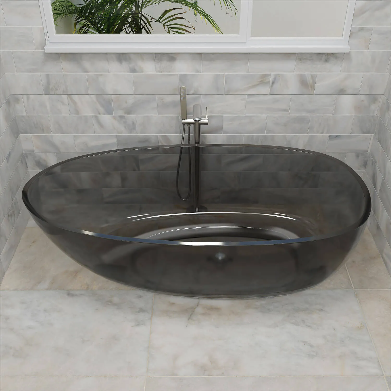 63" Modern Art Resin Tub, Gray Transparent Egg Shape Freestanding Soaking Bathtub for Hotels