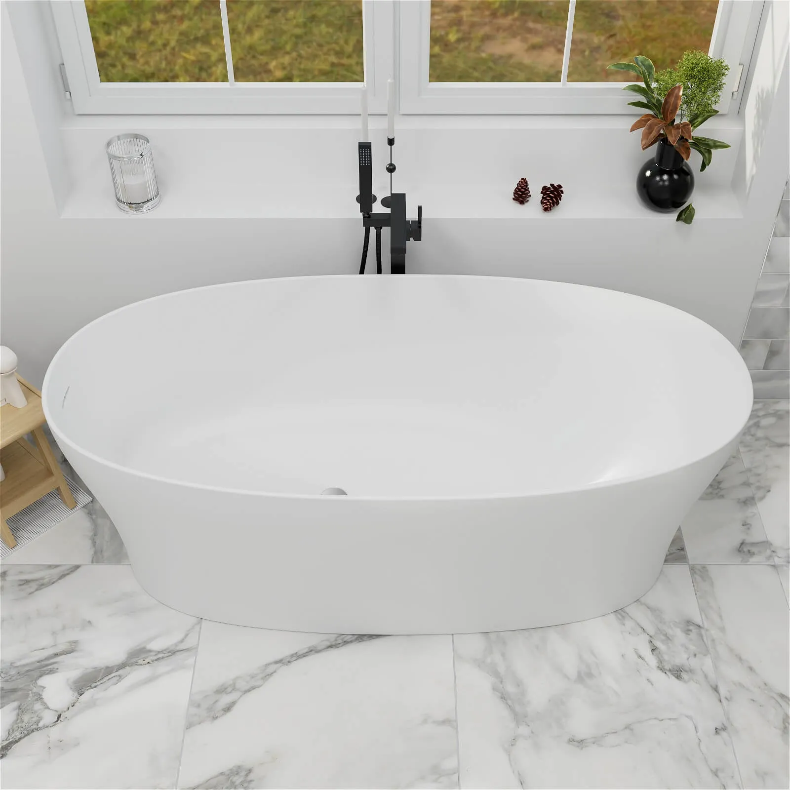 63"/67"/71'' Solid Surface Stone Resin Freestanding Soaking Bathtub Comfortable Backrest Design