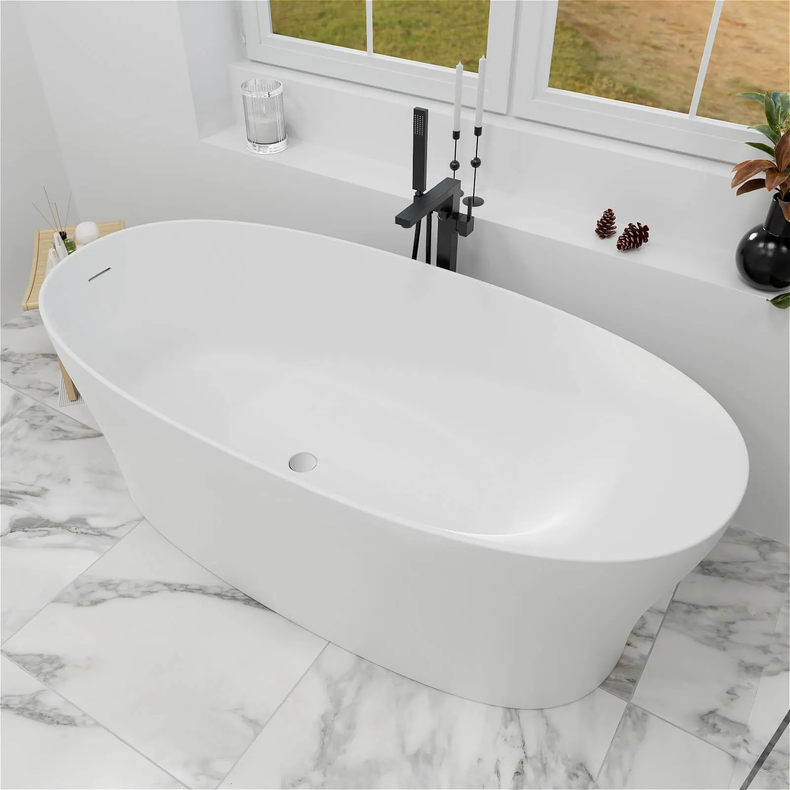 63"/67"/71'' Solid Surface Stone Resin Freestanding Soaking Bathtub Comfortable Backrest Design