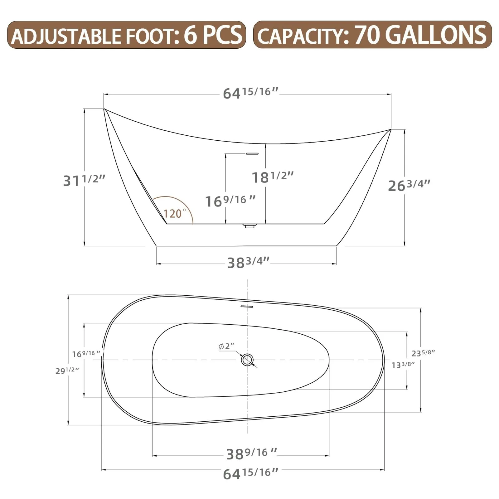 65" Acrylic Reclining Slipper Tub