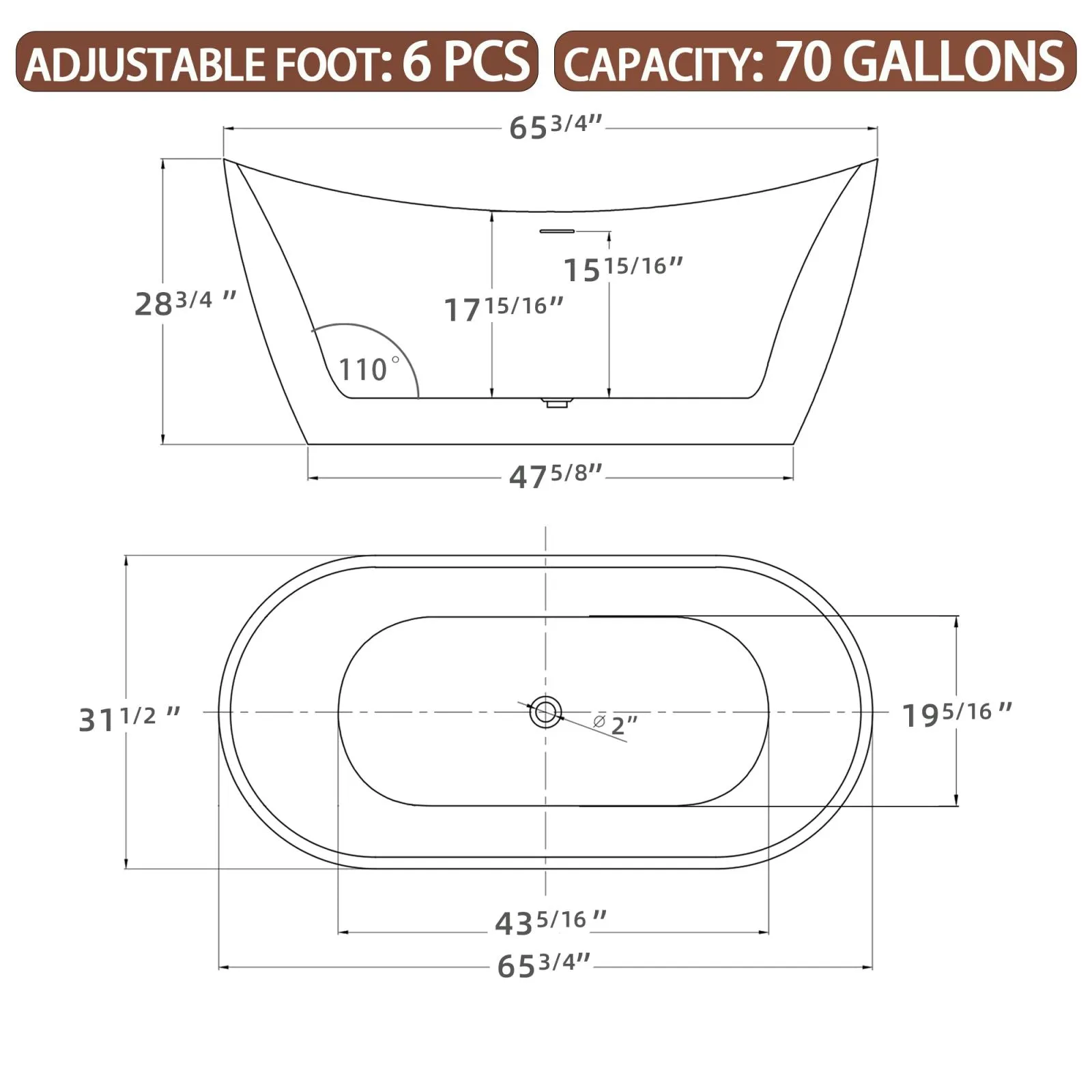 66" Insulated Double Slipper Freestanding Bathtub