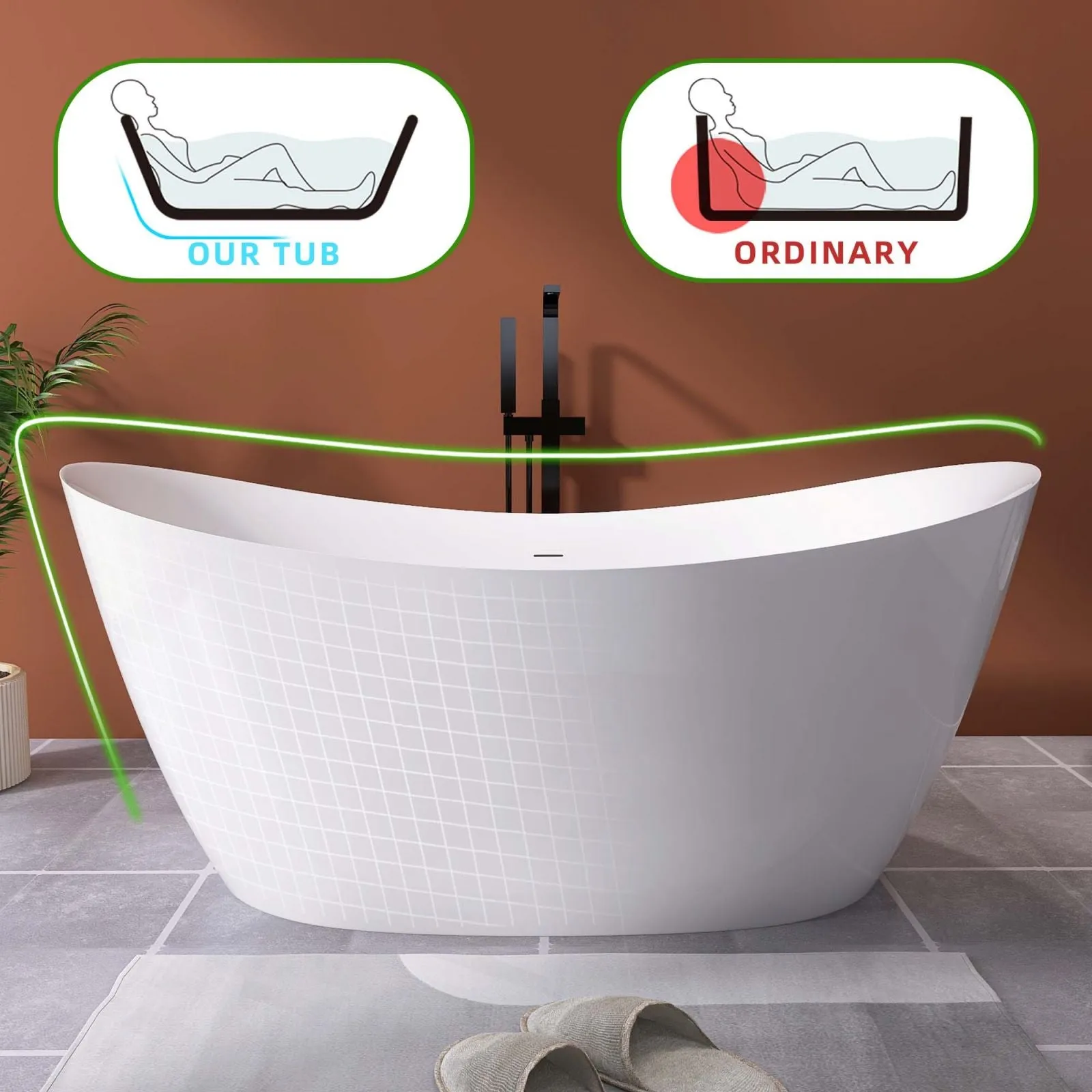 66" Insulated Double Slipper Freestanding Bathtub