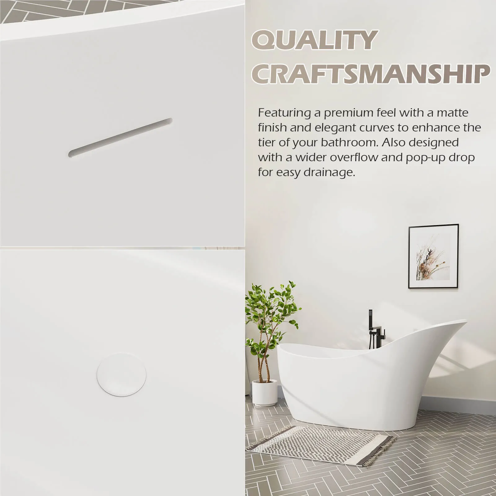 66" Stone Resin Single Slipper Bathtub Freestanding Soaking Tub with Backrest