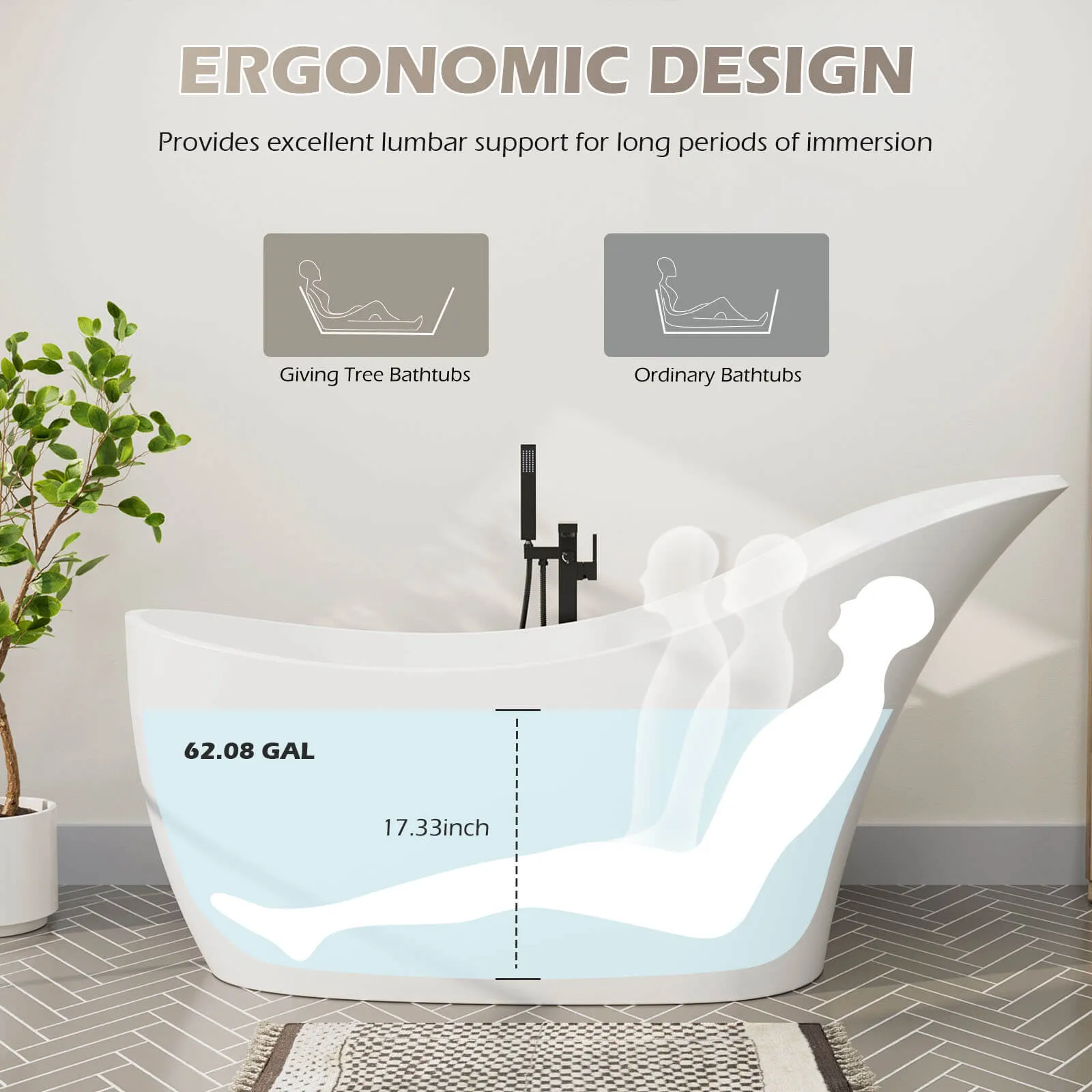 66" Stone Resin Single Slipper Bathtub Freestanding Soaking Tub with Backrest