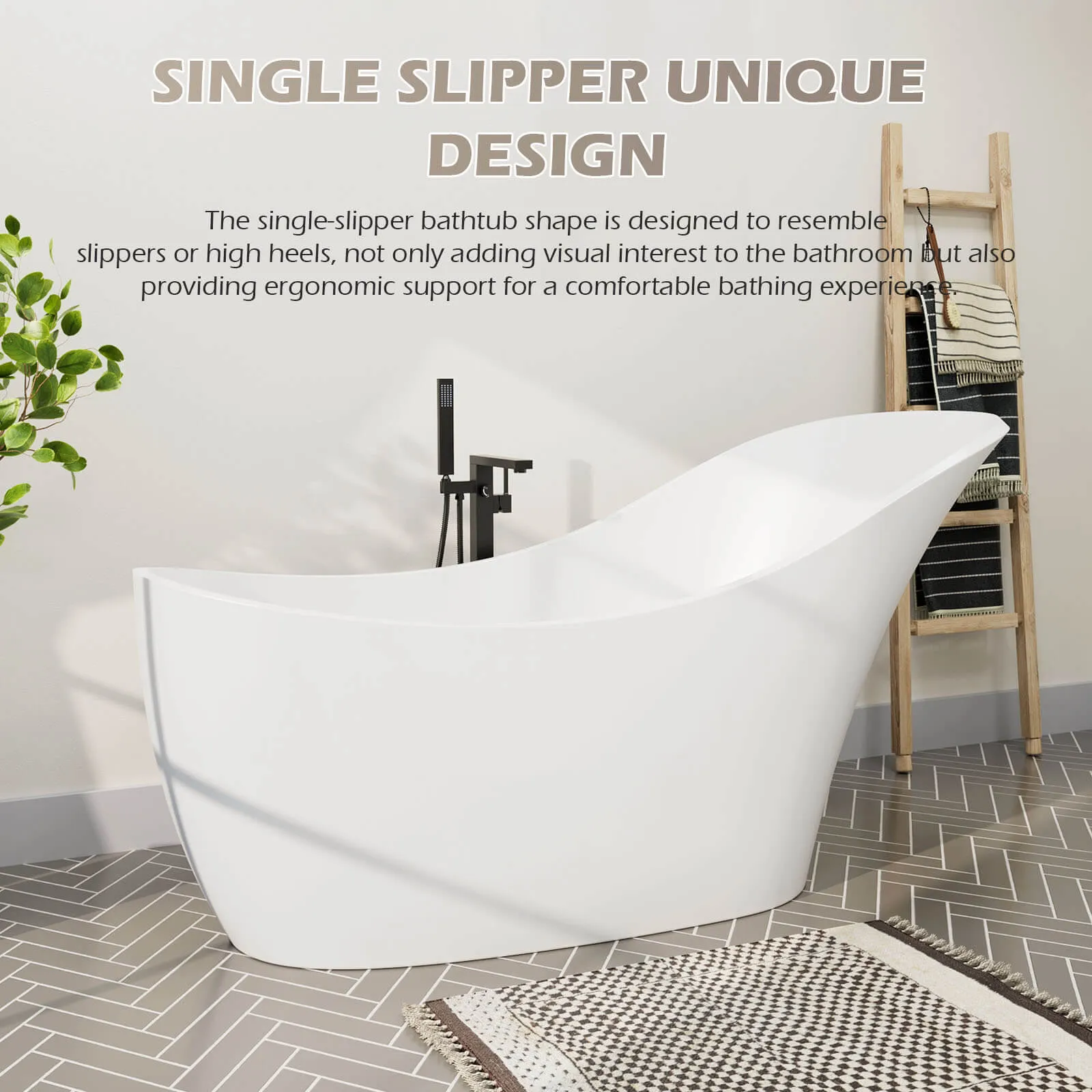 66" Stone Resin Single Slipper Bathtub Freestanding Soaking Tub with Backrest