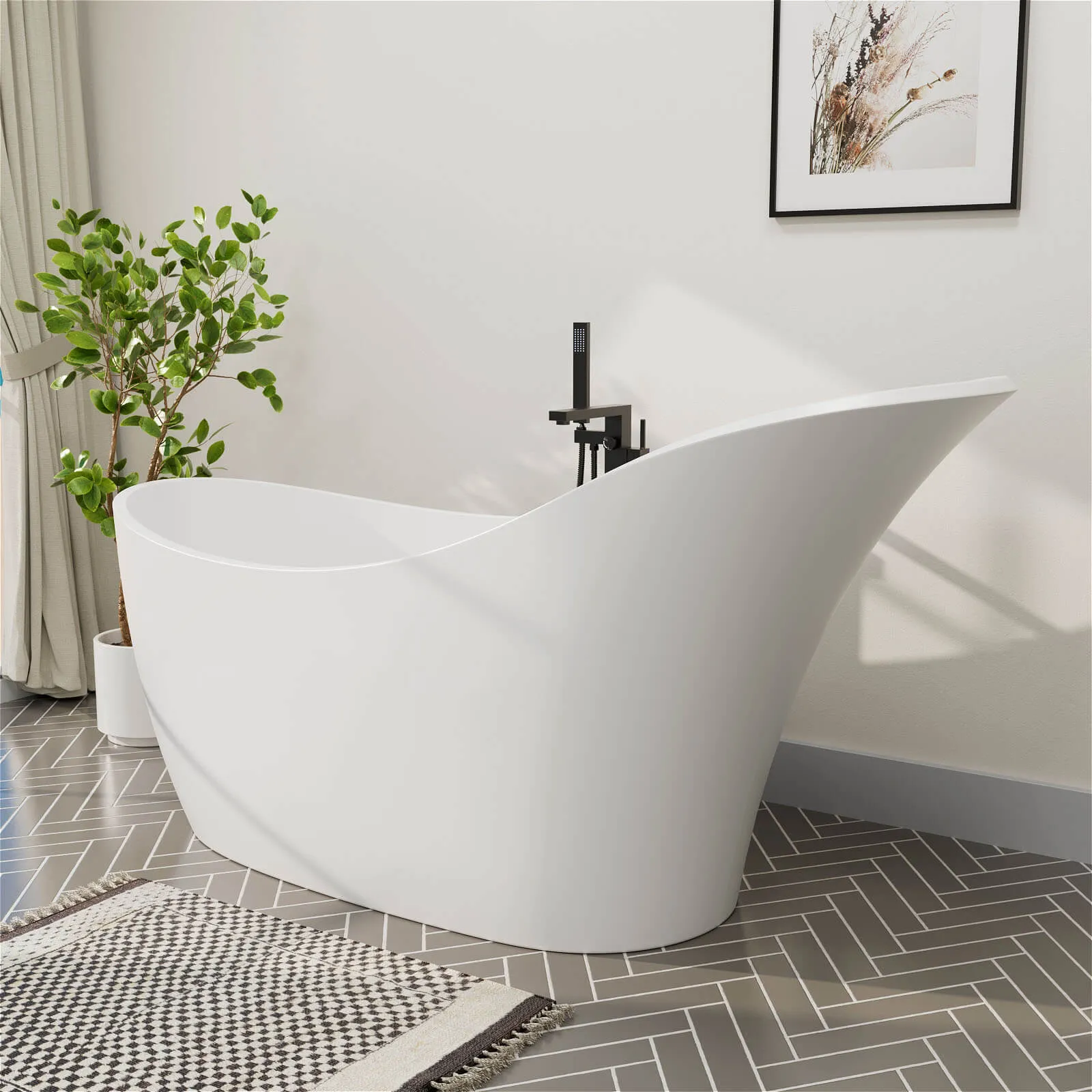 66" Stone Resin Single Slipper Bathtub Freestanding Soaking Tub with Backrest