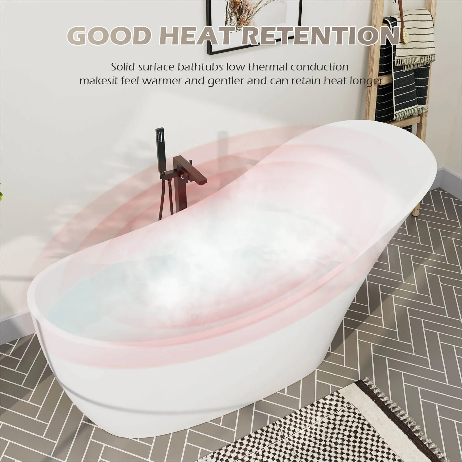 66" Stone Resin Single Slipper Bathtub Freestanding Soaking Tub with Backrest