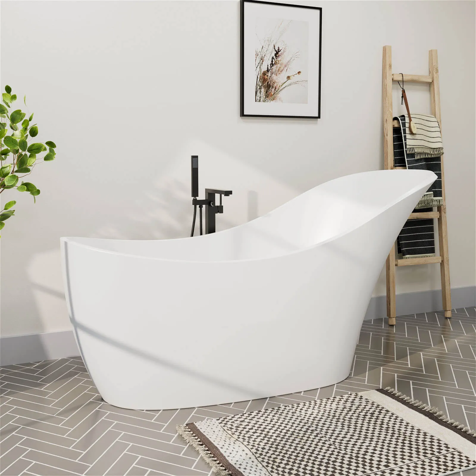 66" Stone Resin Single Slipper Bathtub Freestanding Soaking Tub with Backrest