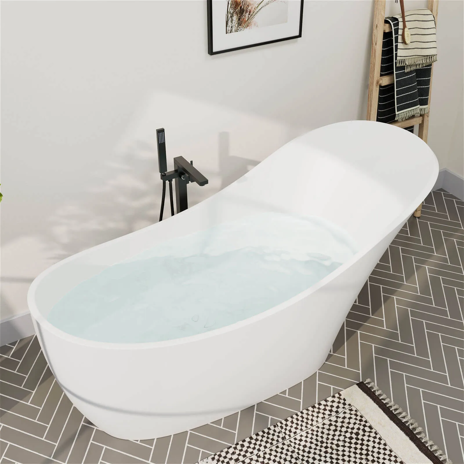 66" Stone Resin Single Slipper Bathtub Freestanding Soaking Tub with Backrest