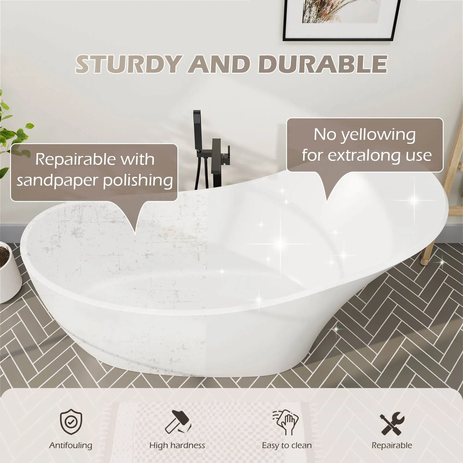 66" Stone Resin Single Slipper Bathtub Freestanding Soaking Tub with Backrest