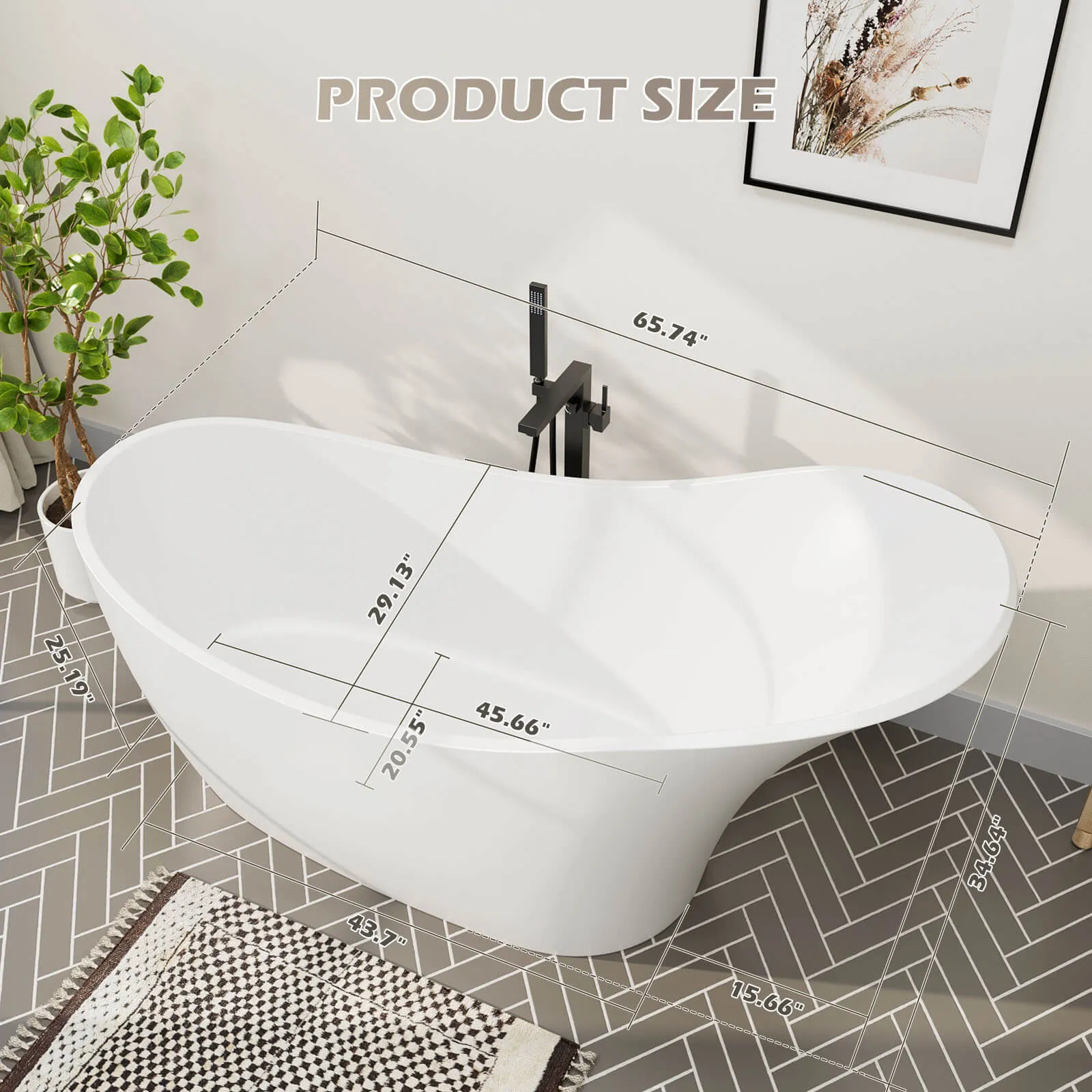 66" Stone Resin Single Slipper Bathtub Freestanding Soaking Tub with Backrest