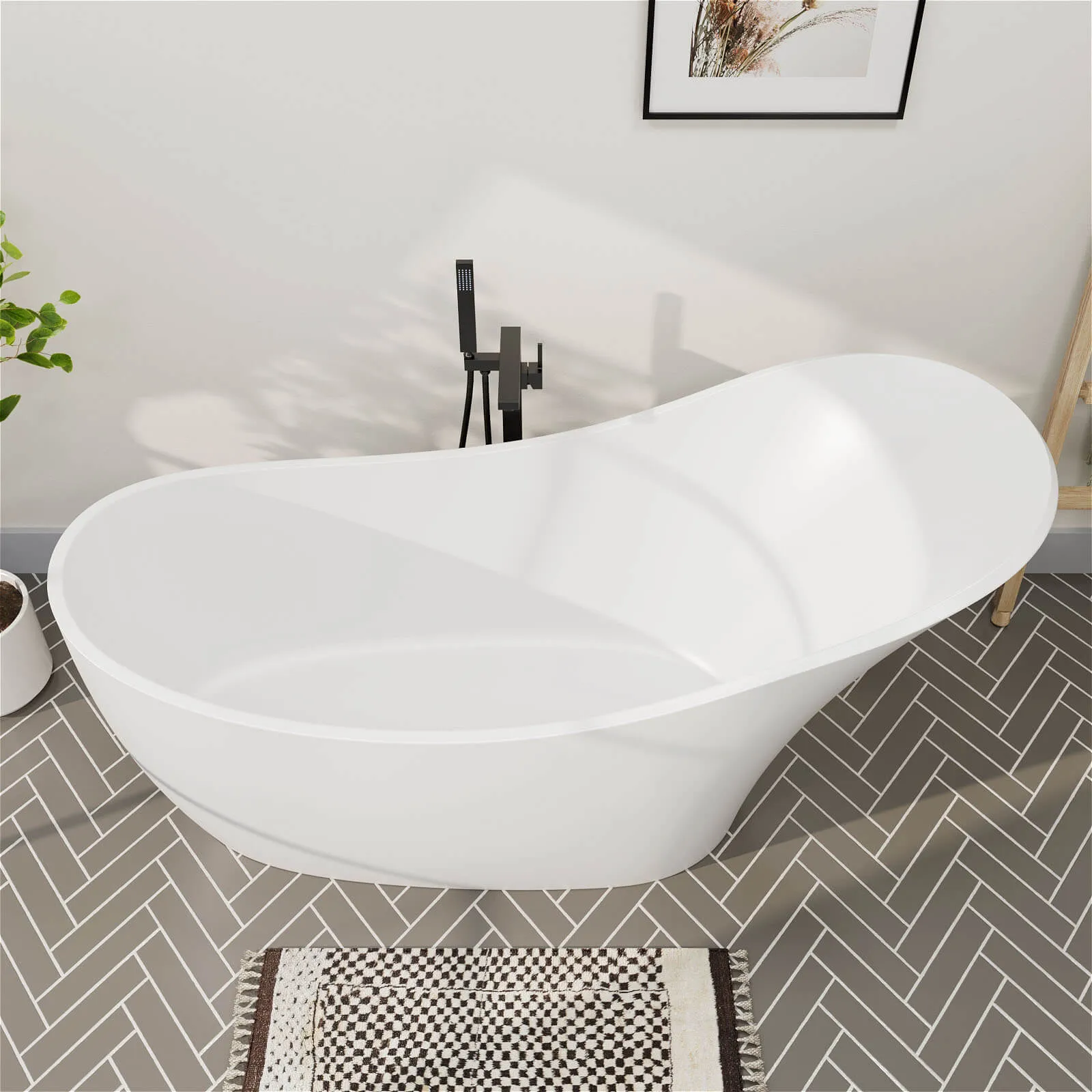 66" Stone Resin Single Slipper Bathtub Freestanding Soaking Tub with Backrest