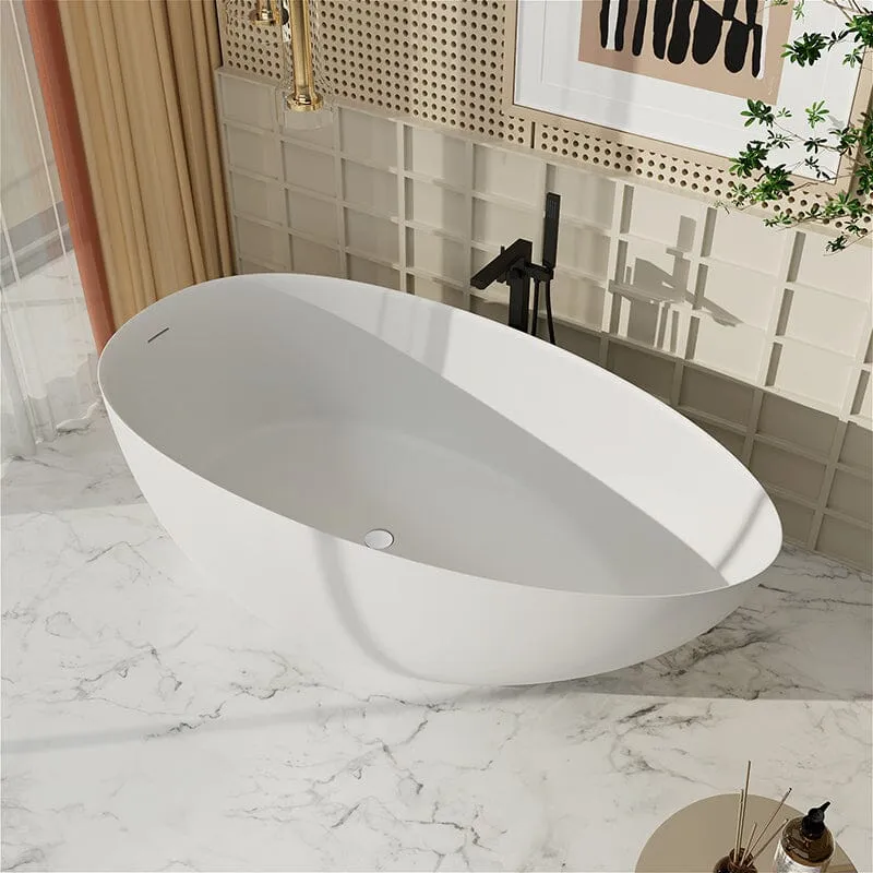 67'' Solid Surface Stone Resin Egg Shaped Freestanding Soaking Bathtub with Overflow