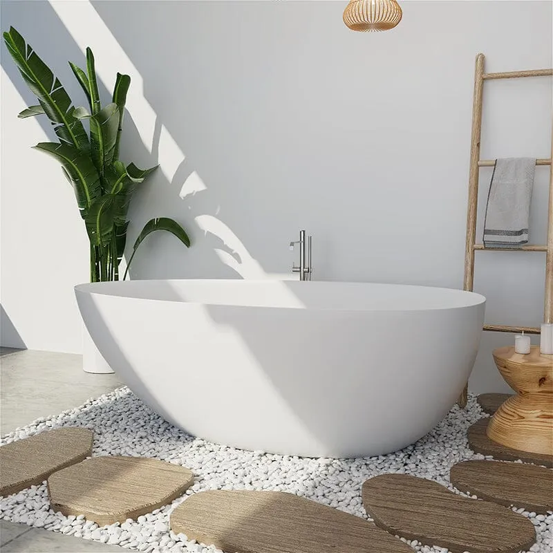 67'' Solid Surface Stone Resin Egg Shaped Freestanding Soaking Bathtub with Overflow