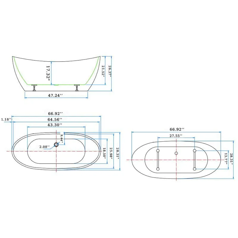 67" Acrylic Slipper Flatbottom Freestanding Soaking Bathtub