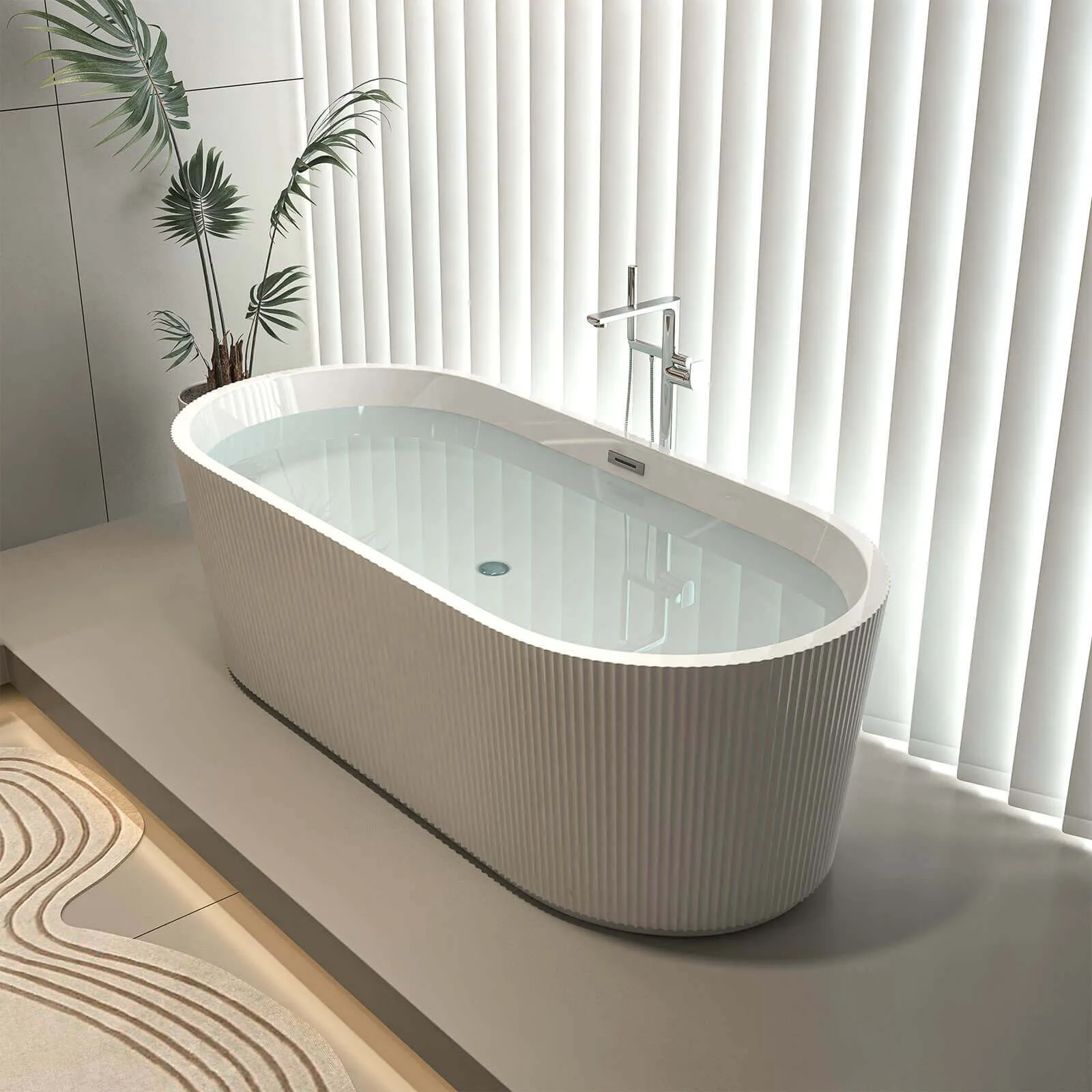 67" Glossy White Fluted Acrylic Soaking Bathtub