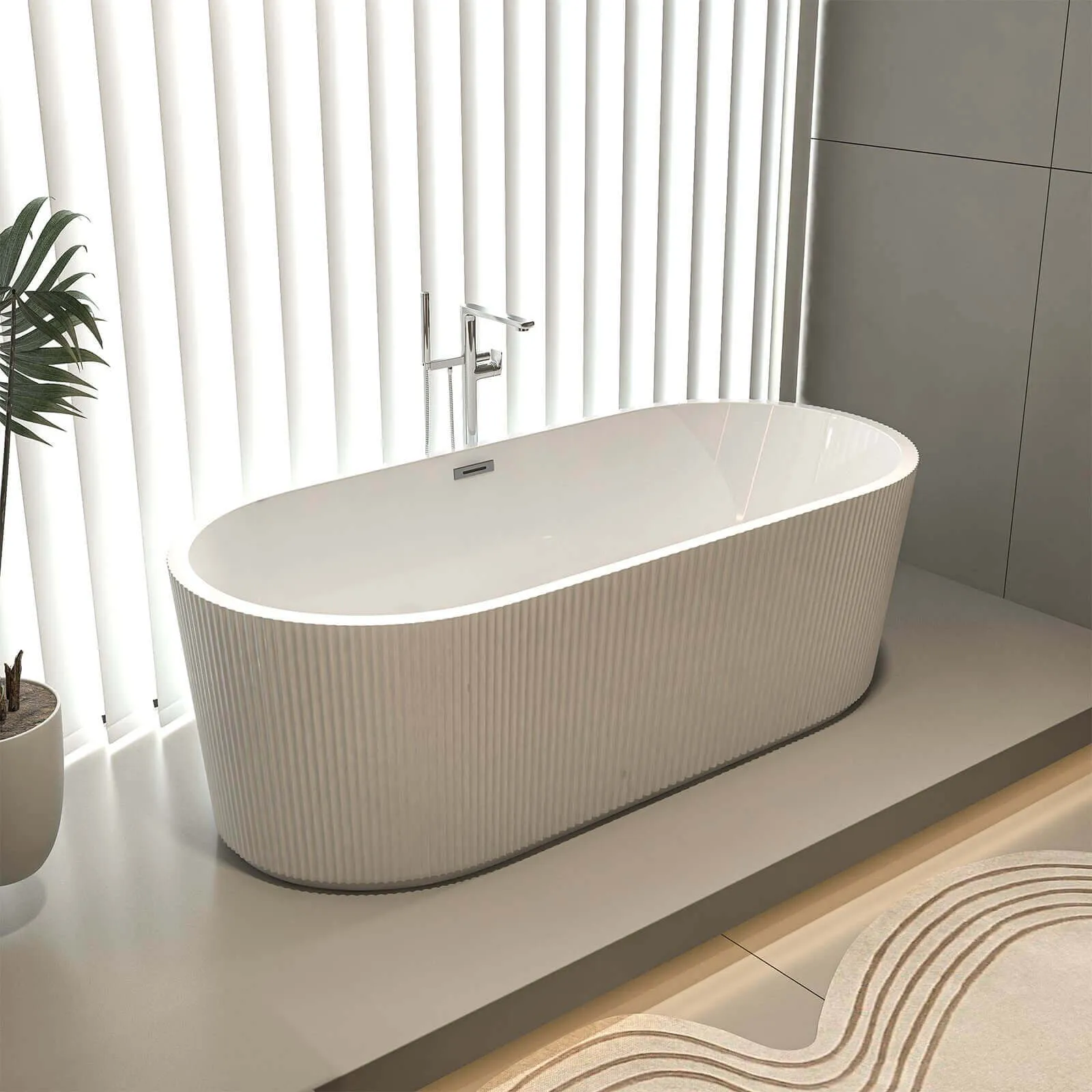 67" Glossy White Fluted Acrylic Soaking Bathtub