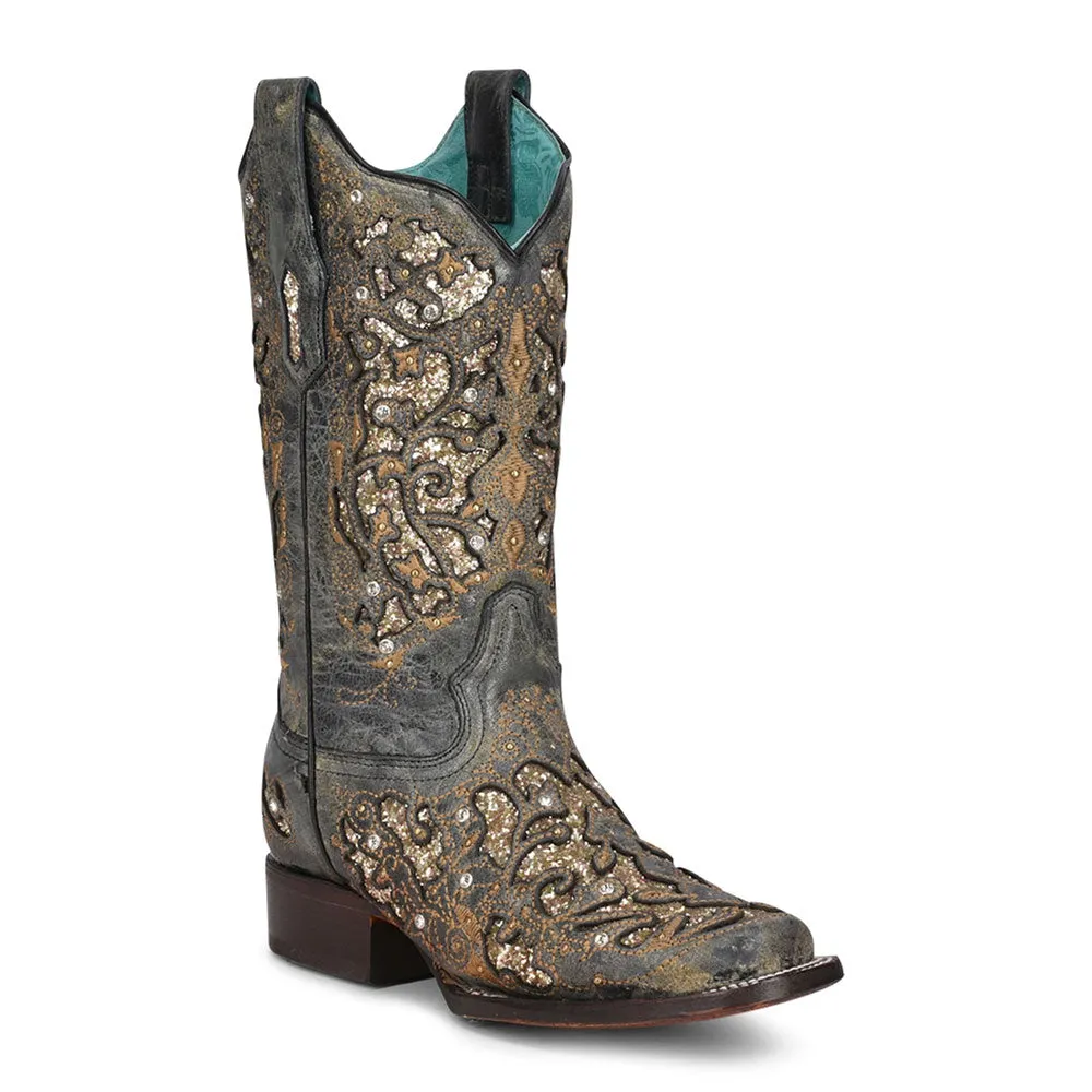 A4244 Corral Women's Black Glitter Inlay with Studs and Crystals Square Toe Western Cowboy Boots