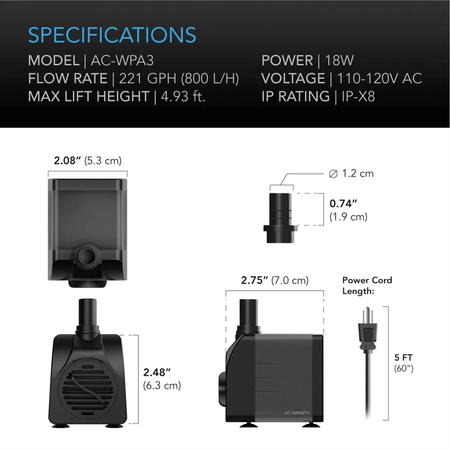 AC Infinity Submersible Water Pump, 5-Feet Lift Height, 211 GPH (800 L/H)