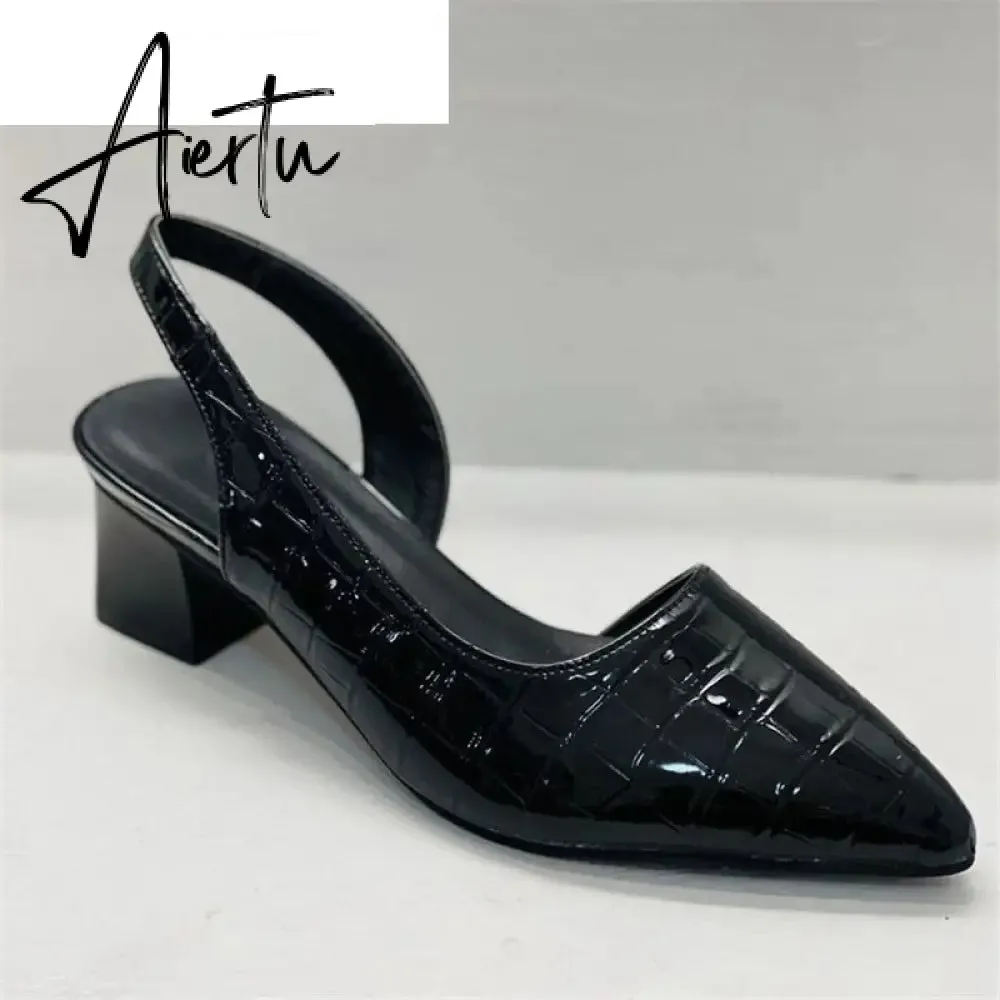 Aiertu Women's Pointed Toes Pumps Mid Chunky Heels Slingback Sandals Shoes Summer New Vintage Woman Lady Female Sandals Slippers Shoes