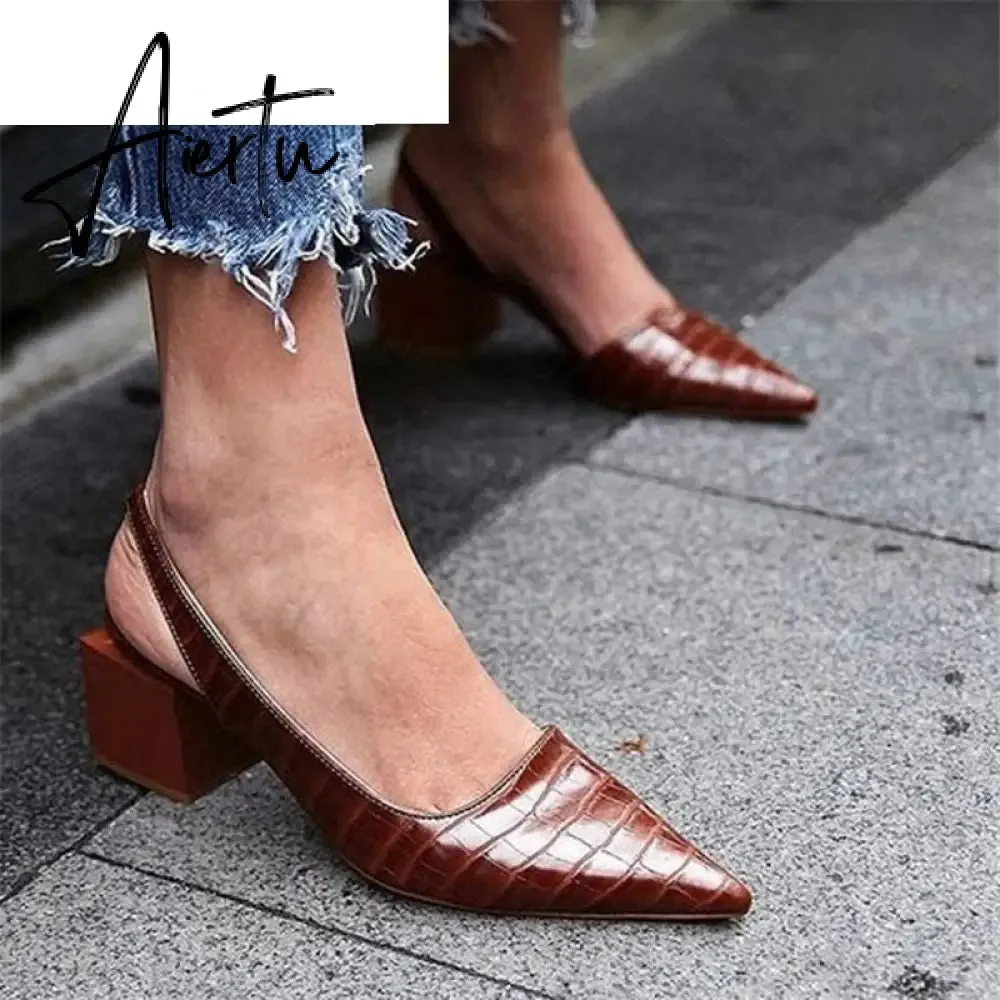 Aiertu Women's Pointed Toes Pumps Mid Chunky Heels Slingback Sandals Shoes Summer New Vintage Woman Lady Female Sandals Slippers Shoes