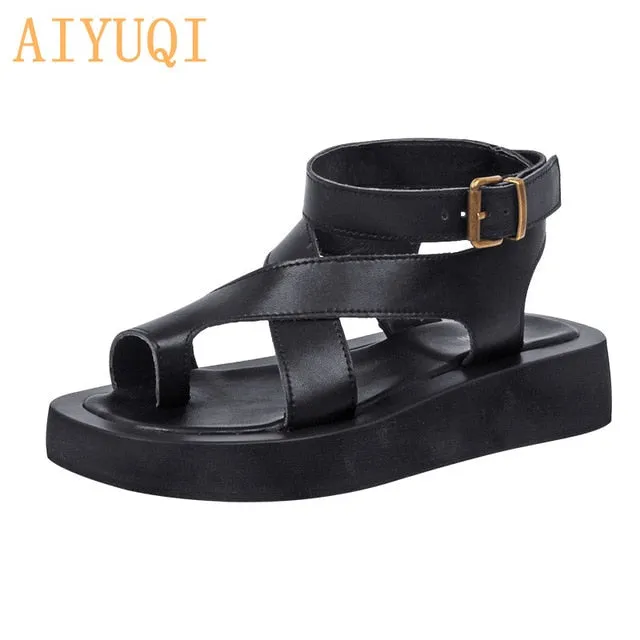 AIYUQI Sandals Women Genuine Leather  Summer New Clip Toe Sandals Ladies Roman Women Shoes Muffin Sandals