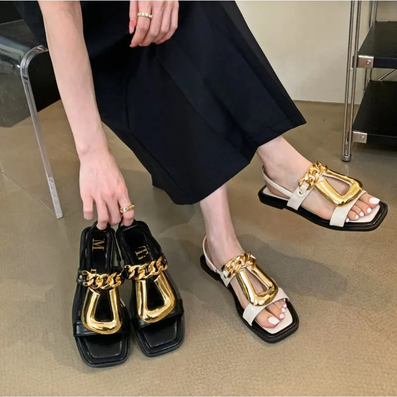 Amozae-Metal Chain Flat Sandals Women Fashion Designer Sandals Female Casual Non-slip Square Toe Open Toe Roman Summer Slippers Women