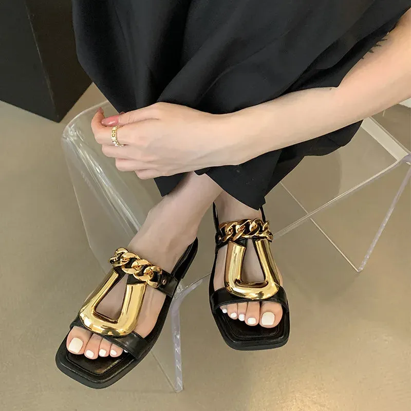 Amozae-Metal Chain Flat Sandals Women Fashion Designer Sandals Female Casual Non-slip Square Toe Open Toe Roman Summer Slippers Women