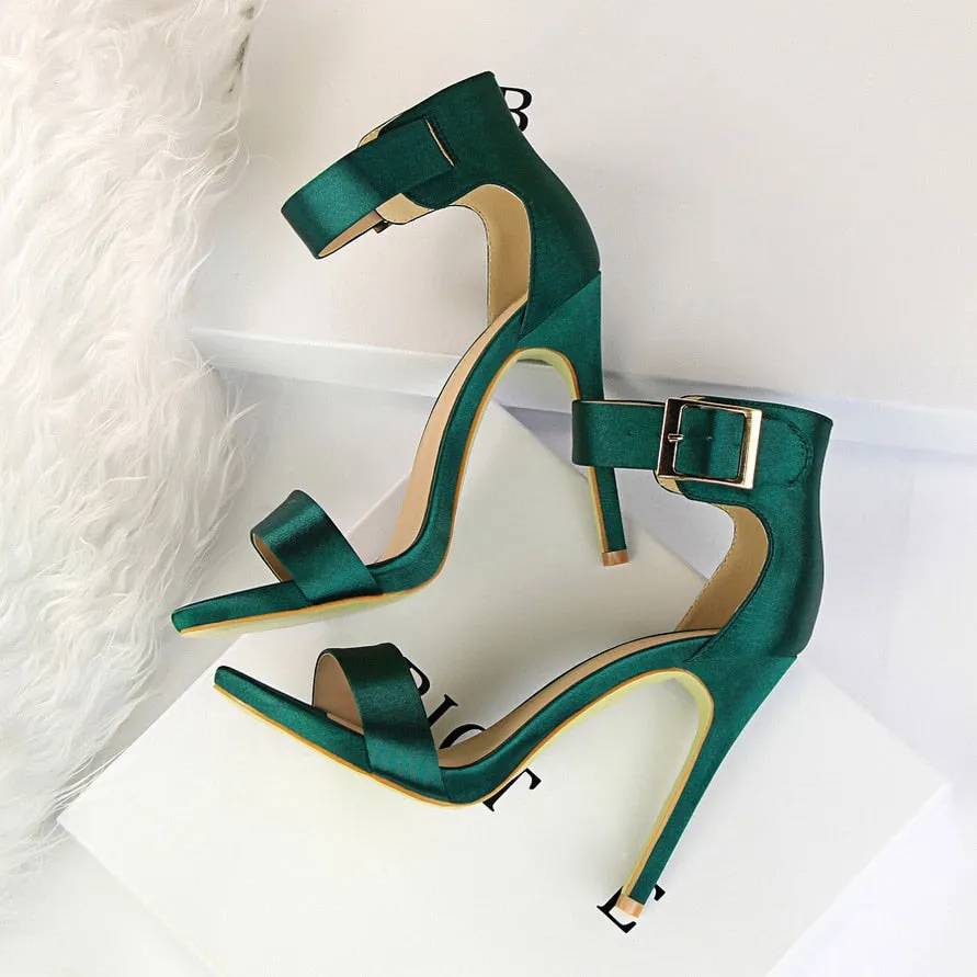 Amozae-   Plus Size 34-43 Women Satin 11cm High Heels Fetish Silk Sandals Gladiator Summer Shoes Lady Green Platform Purple Red Pumps