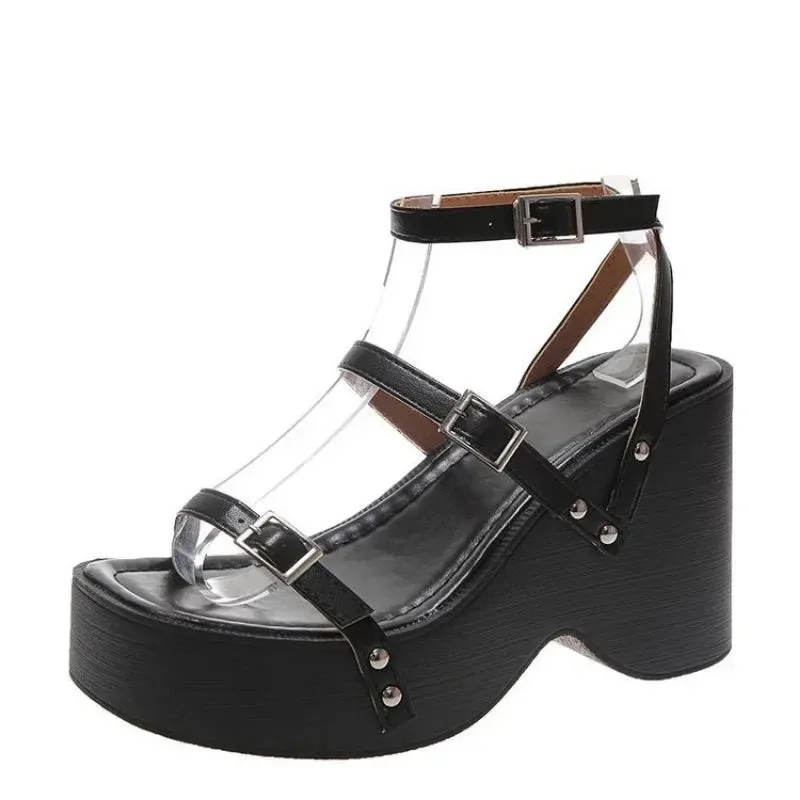 Amozae-Summer Women Sandals Platform Chunky Heel Flat Metal Buckle Female Shoes Ladies Peep Toe Mujer Casual Daily Slingback Footwear