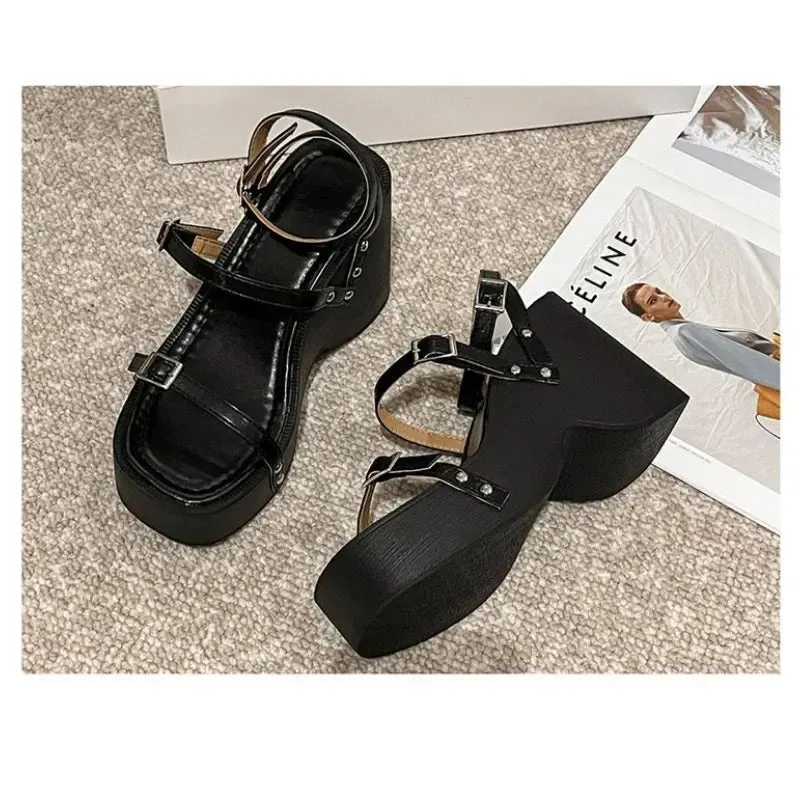 Amozae-Summer Women Sandals Platform Chunky Heel Flat Metal Buckle Female Shoes Ladies Peep Toe Mujer Casual Daily Slingback Footwear