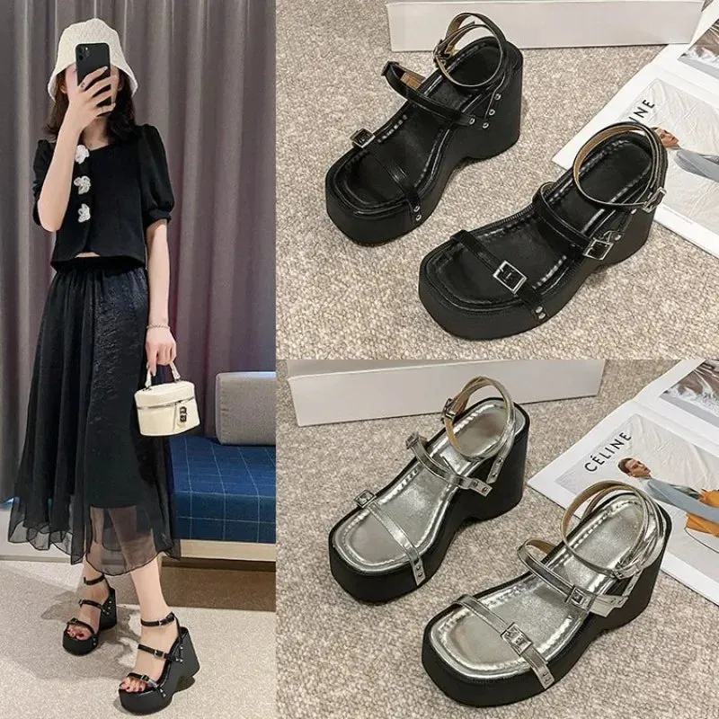 Amozae-Summer Women Sandals Platform Chunky Heel Flat Metal Buckle Female Shoes Ladies Peep Toe Mujer Casual Daily Slingback Footwear