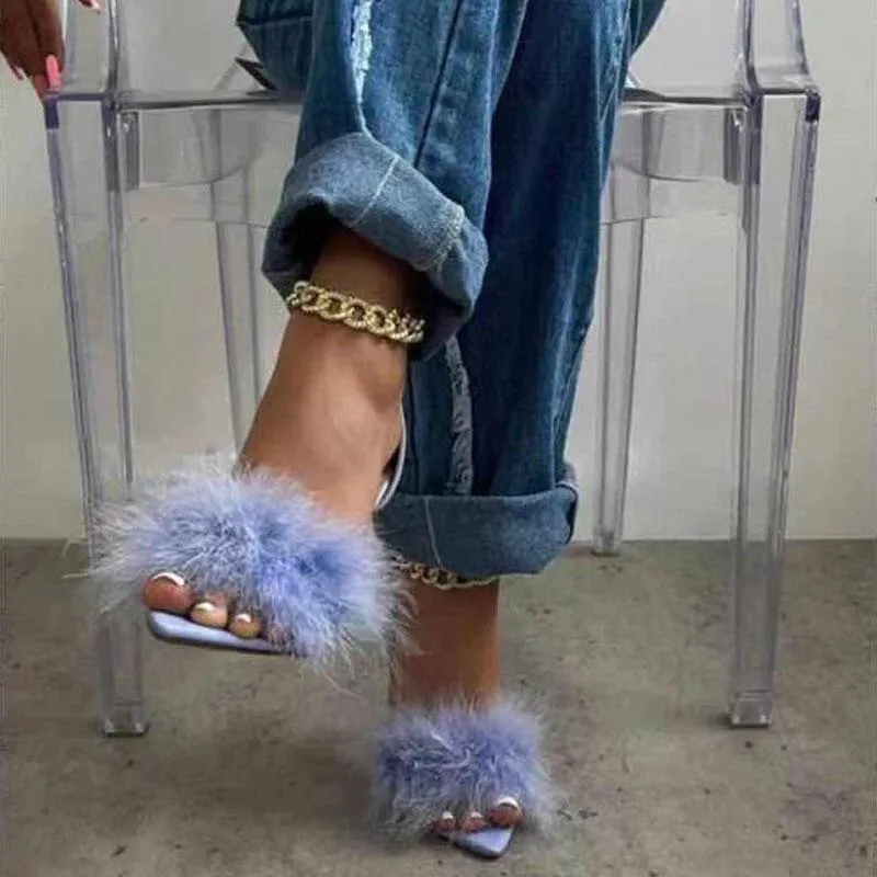 Amozae-   Women Fetish 11.5cm High Heels Blue Sandals Lady Gladiator Metal Chain Stiletto Heels Felt Sandles Summer Furry   Shoes