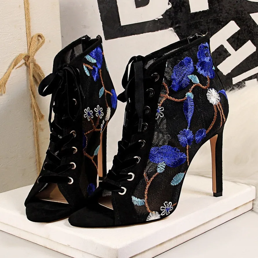 Amozae- Women Fetish Stripper Sandals Ankle Boots Gladiator 10.5cm High Heels Lace Up Prom Peep Toe Embroider Summer Blue Shoes