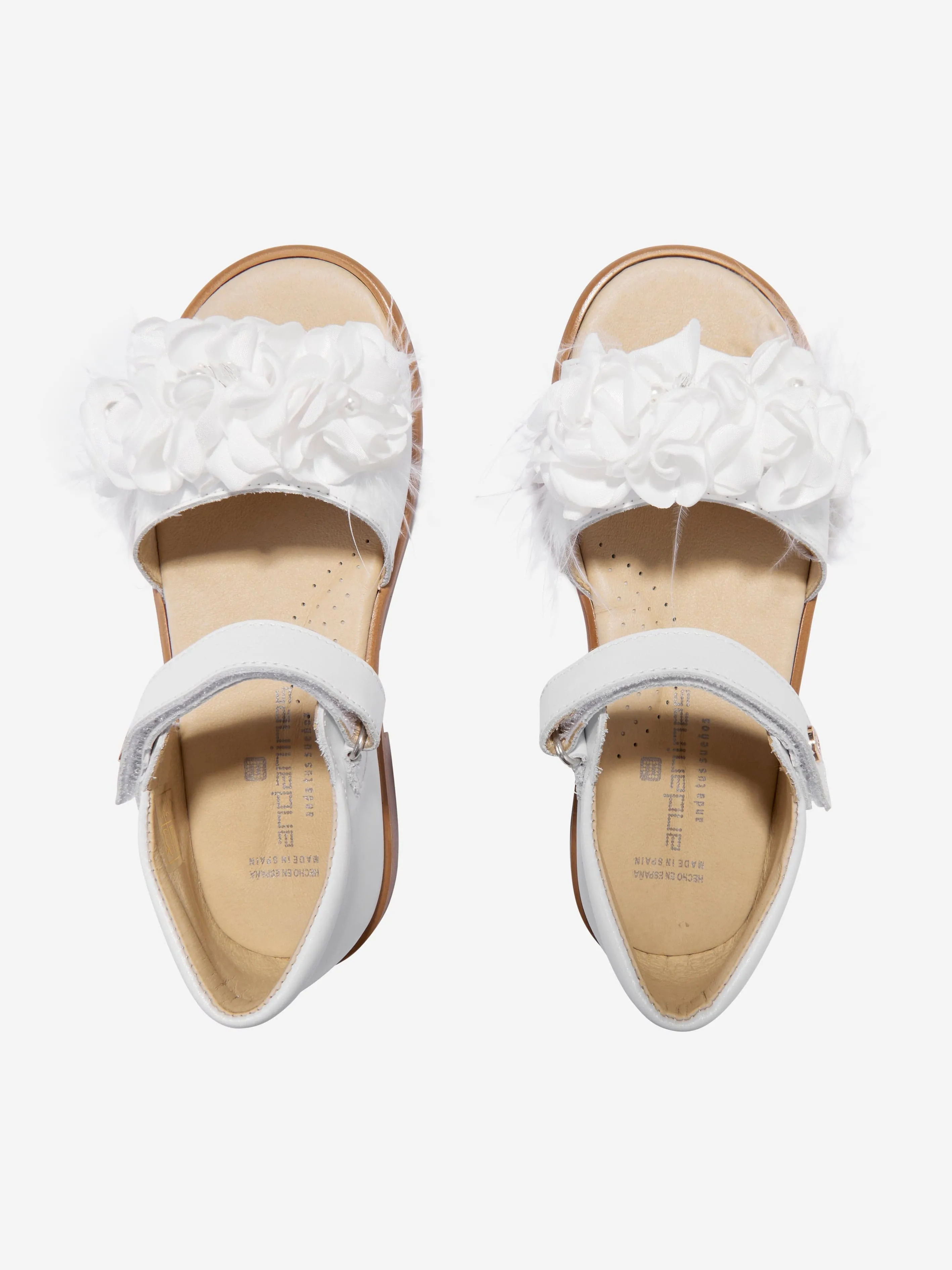 Andanines Girls Leather Sandals With Flower Strap in White