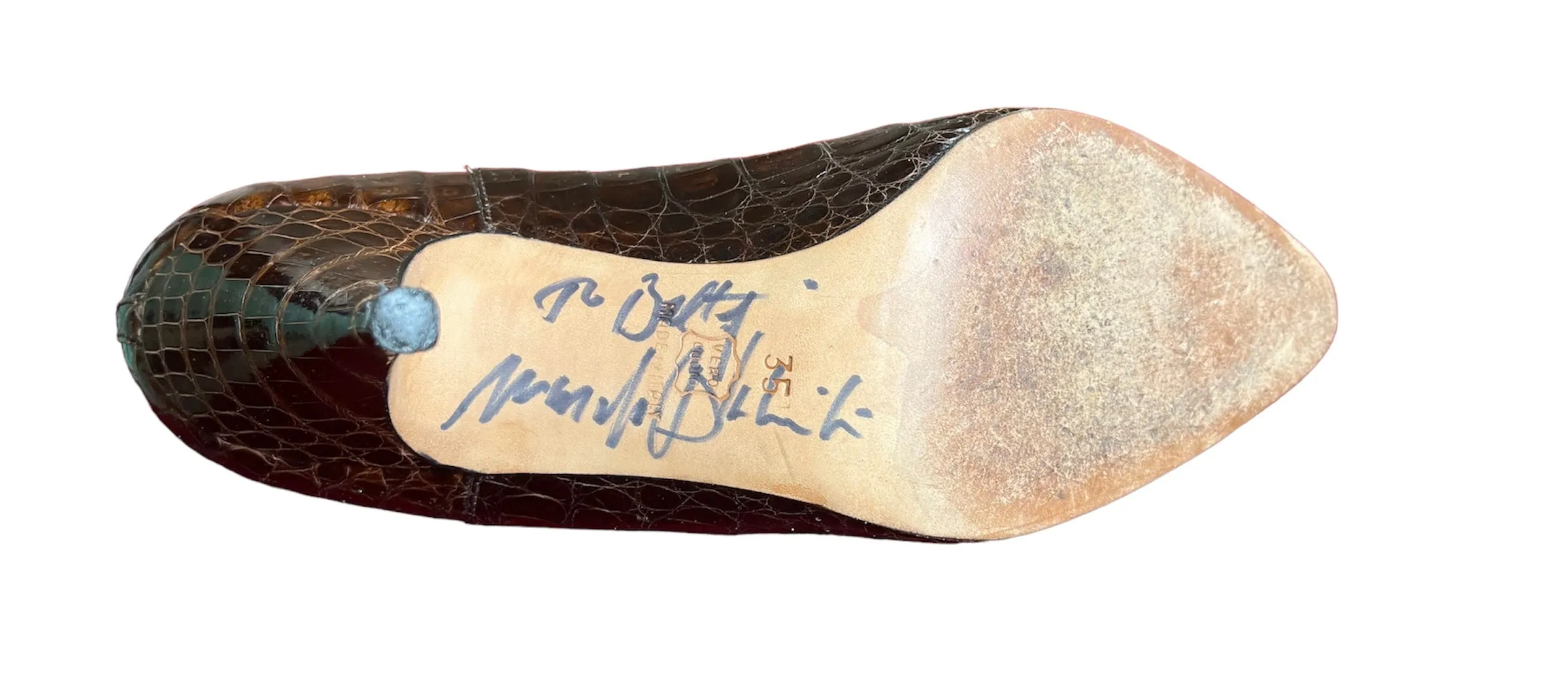 Autographed 1990s Manolo Blahnik Crocodile and Suede Pumps