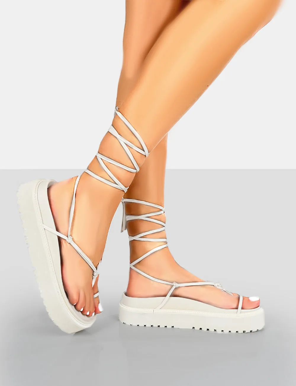 Bebe Ecru PU Chunky Flatform Lace Up Sandals