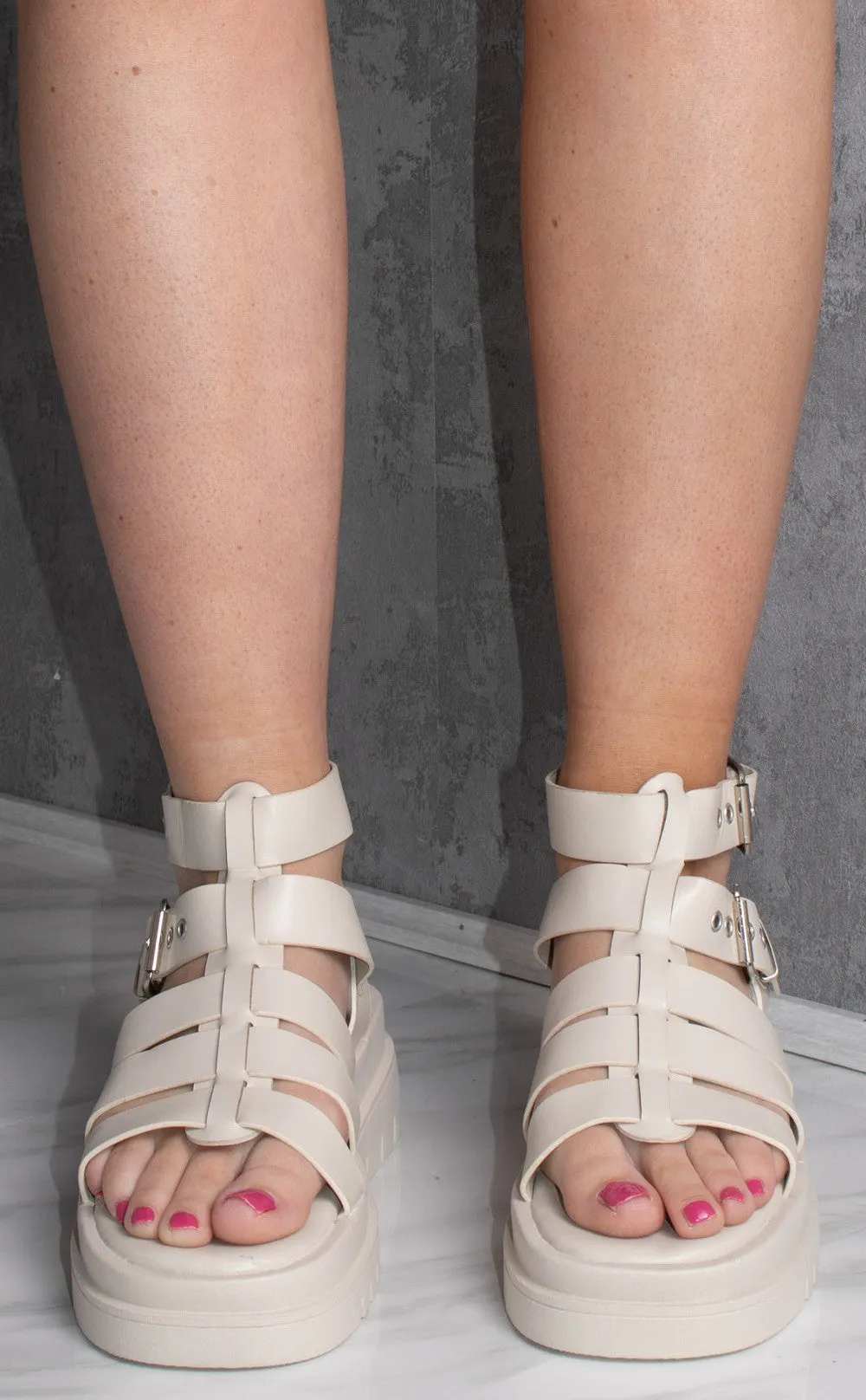 Beige Chunky Platform Caged Gladiator Sandal