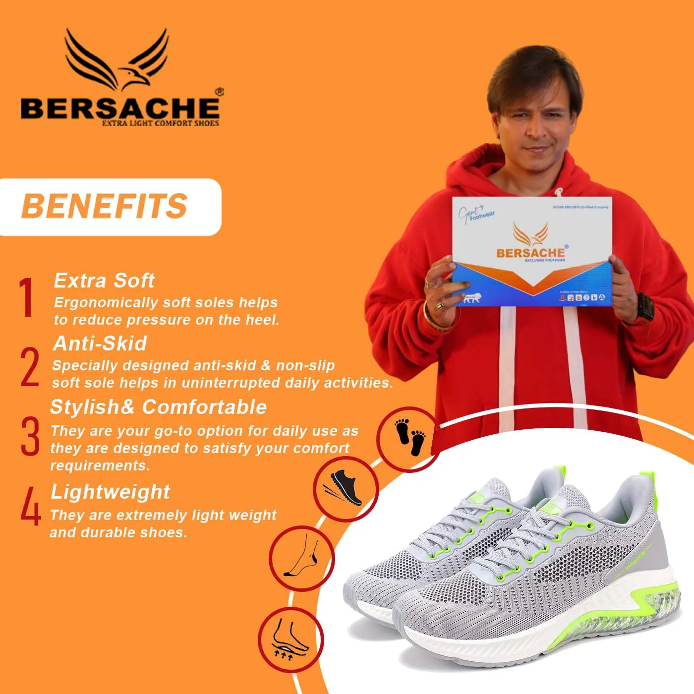 Bersache Lightweight Sports Running Shoes For Men Grey-9043