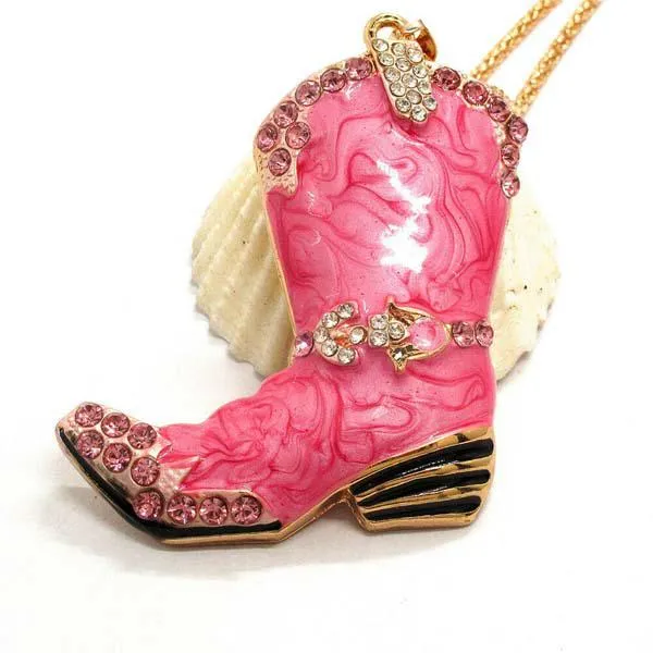 Betsey Johnson Cowboy Boot Dark Pink Marble Crystal Pendant Necklace