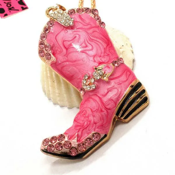 Betsey Johnson Cowboy Boot Dark Pink Marble Crystal Pendant Necklace