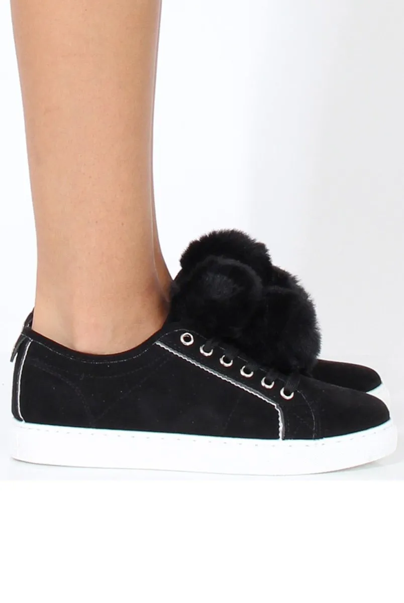 Black Faux Suede Pom Pom Pumps - Makayla