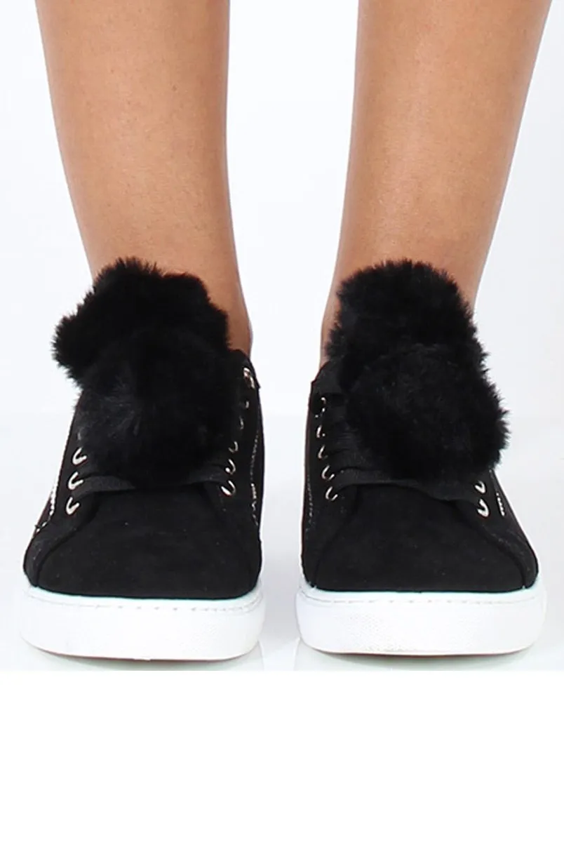 Black Faux Suede Pom Pom Pumps - Makayla