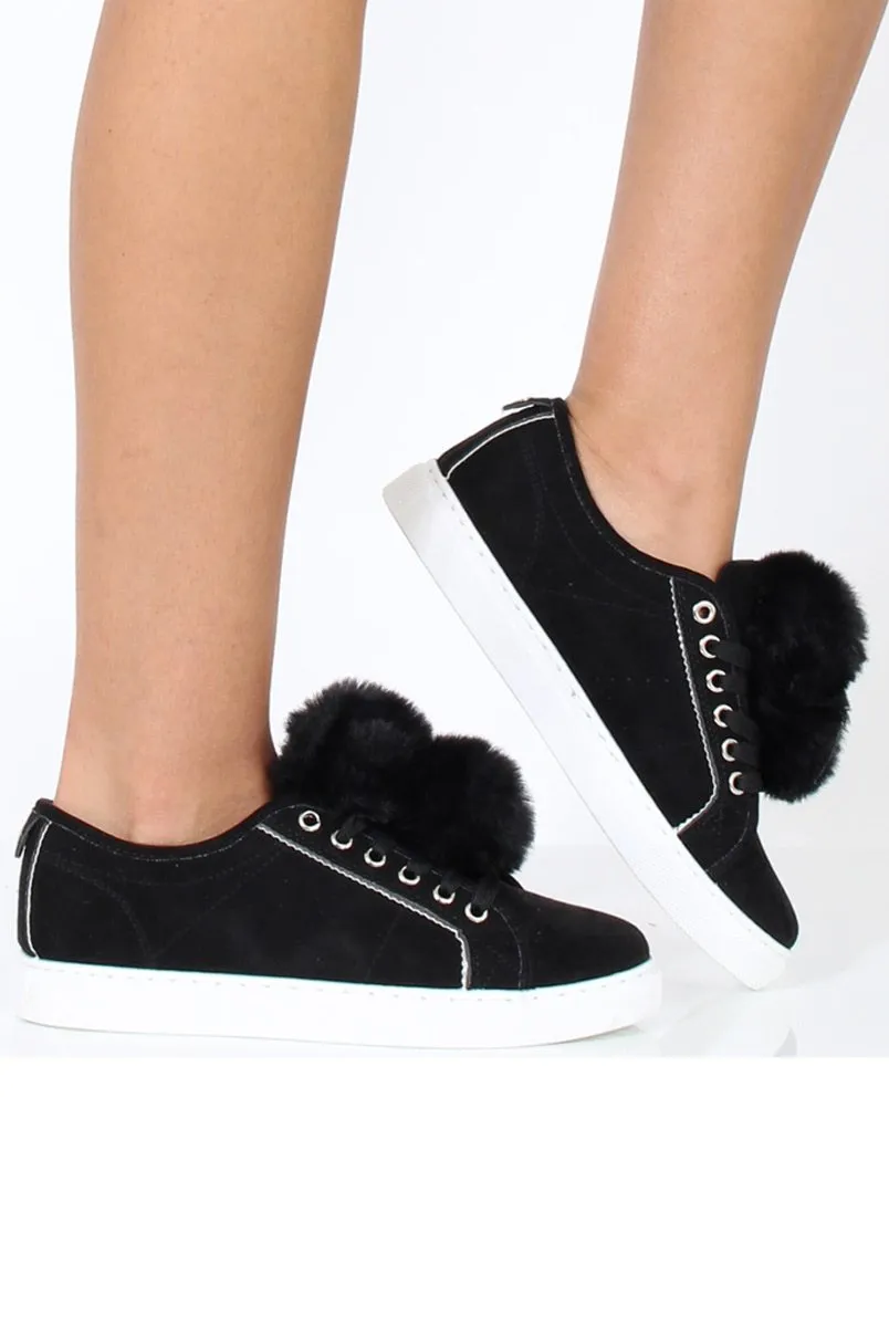 Black Faux Suede Pom Pom Pumps - Makayla