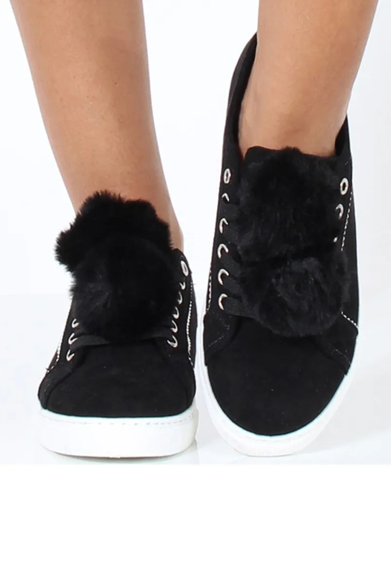 Black Faux Suede Pom Pom Pumps - Makayla