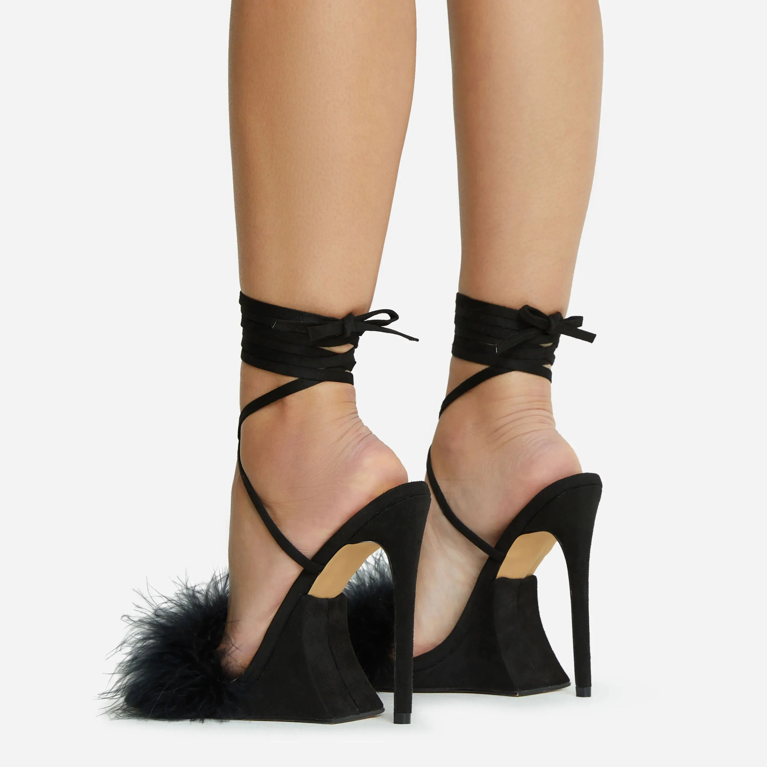 Black Lace Up Fluffy Faux Feather Detail Square Toe Sculptured Platform Stiletto Heel In Faux Leather