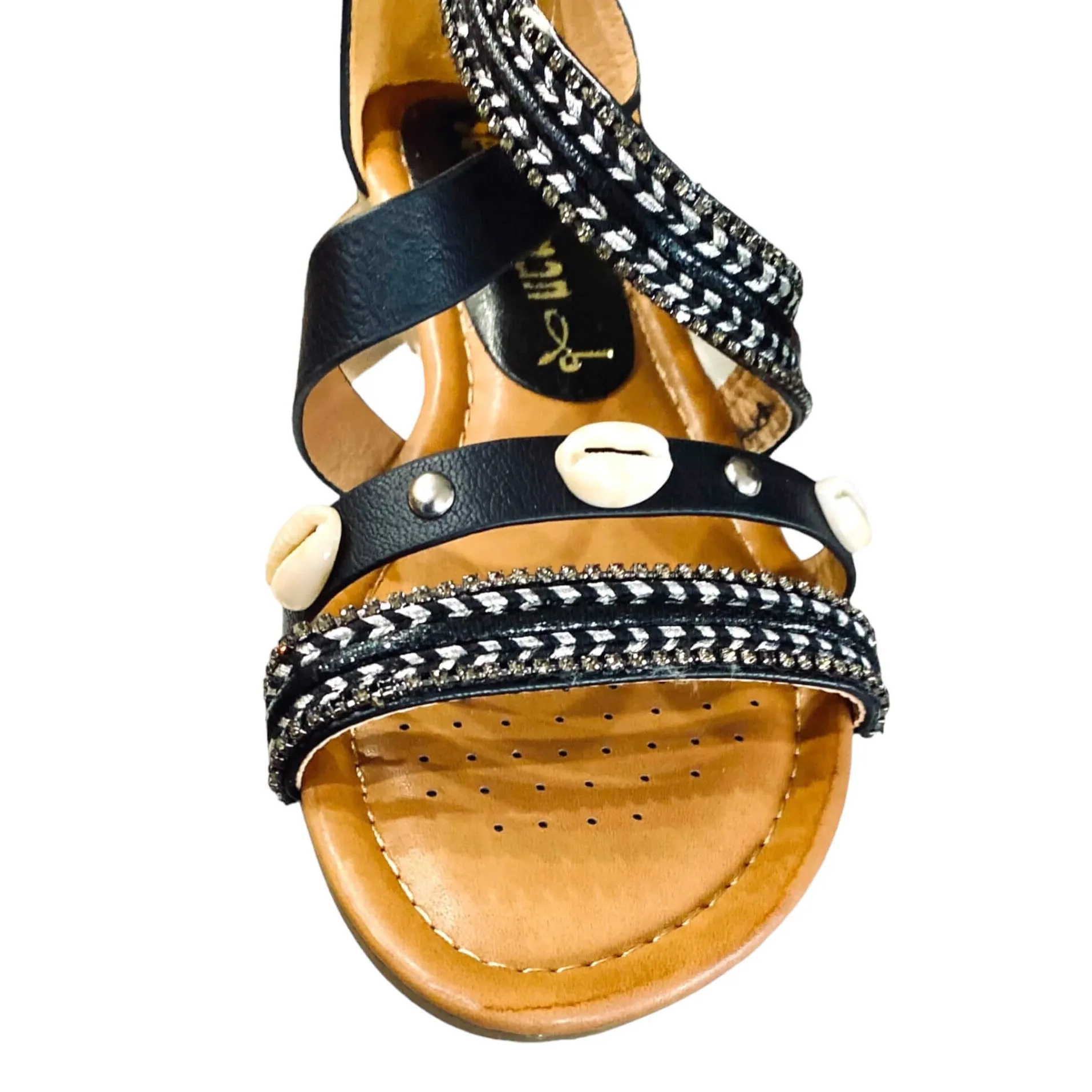 Black Leather Strappy Seashell Ankle Sandals