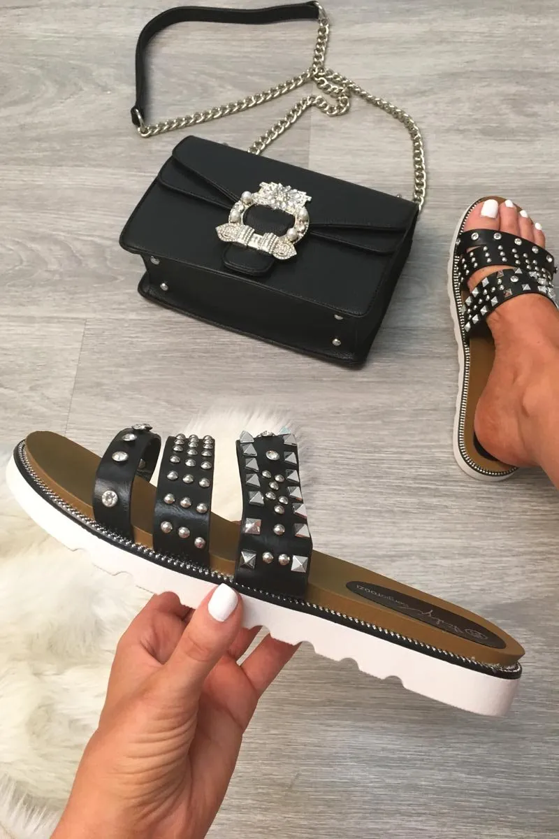 Black Studded Multi Strap Sandals - Suad