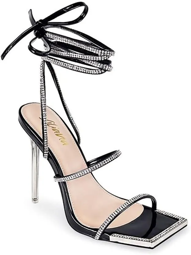 Black Women Lace Up Rhinestone High Heel Sandals