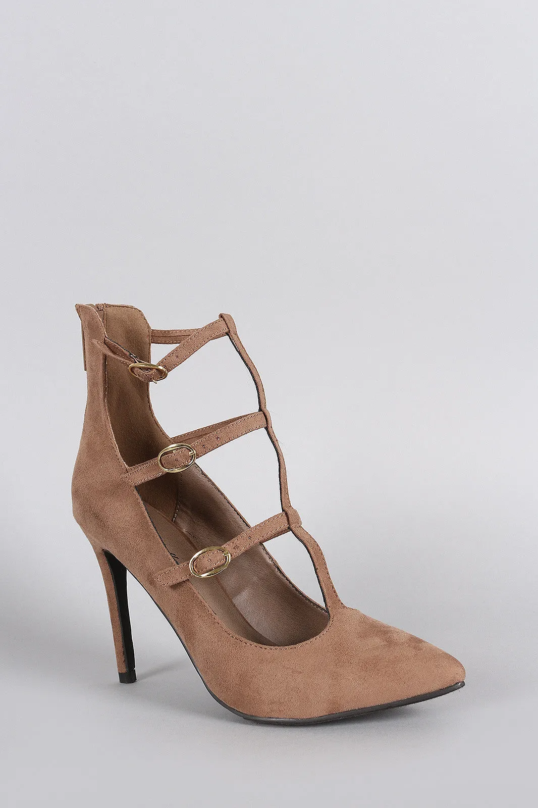 Breckelle Suede Buckled Caged Pointy Toe Stiletto Pump